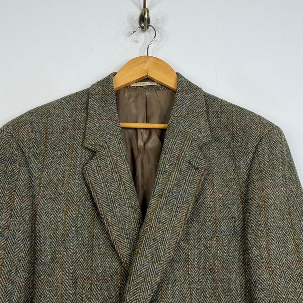 Harris Tweed Sport Coat Men 44L Brown Taupe Wool Herringbone Blue Stripe Blazer - Picture 4 of 16